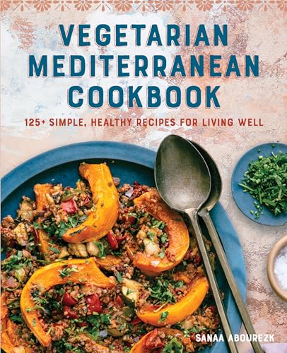 Cookbook cover with colorful Mediterranean vegetarian food and bold title text.