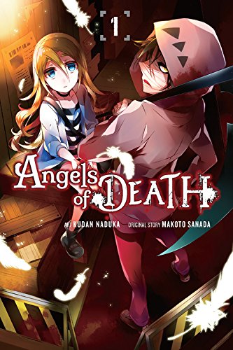 Manga cover featuring a blonde girl and a hooded man with a large scythe.