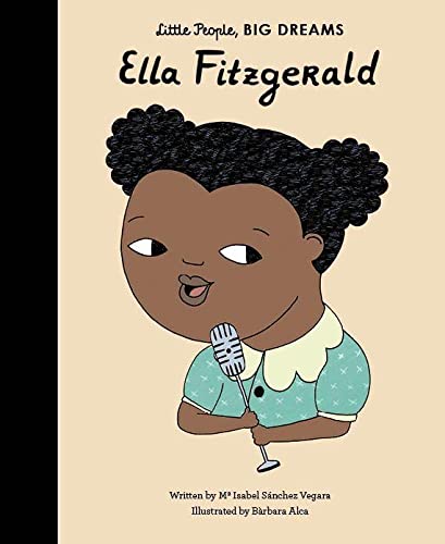 Illustration of young Ella Fitzgerald singing into a vintage microphone.