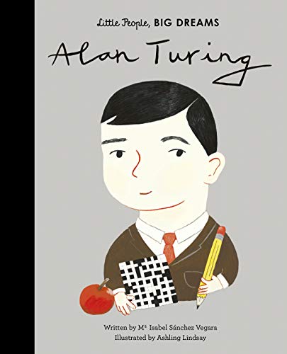 Illustrated children’s book cover featuring Alan Turing with an apple and pencil.
