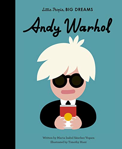 Illustrated portrait of Andy Warhol with colorful background and simple, childlike design elements.