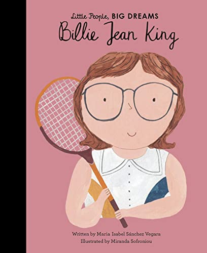 Illustration of young Billie Jean King with a tennis racket and glasses.