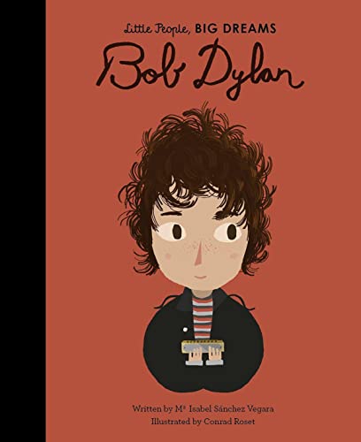 Book cover: illustrated portrait of young Bob Dylan with a guitar.