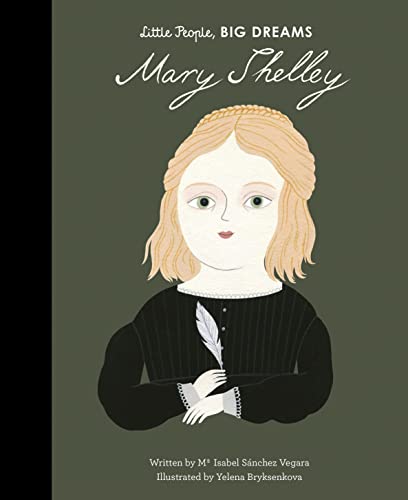 Illustration of Mary Shelley, author, holding a feather quill pen.