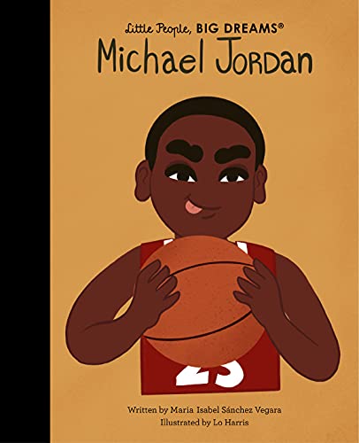 Illustrated book cover featuring a cartoon Michael Jordan holding a basketball on tan background.
