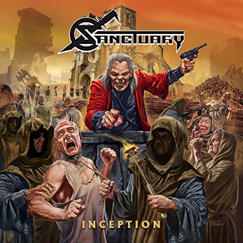 Album cover for Sanctuary’s “Inception” depicting a chaotic, dystopian scene.