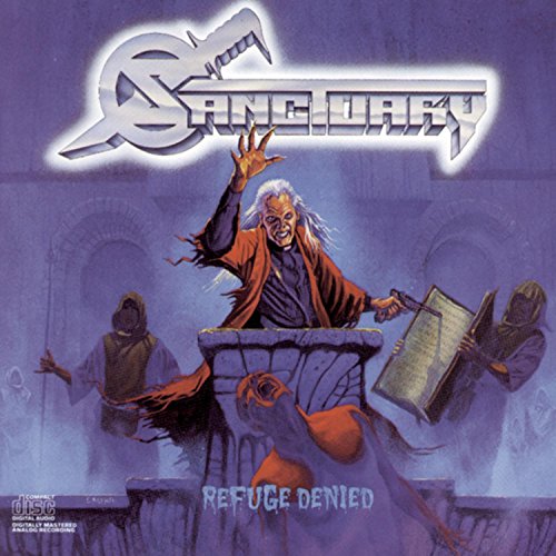 Sanctuary album cover: a clawing hand, hooded figures, and gothic architecture.