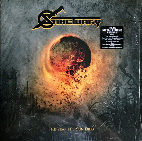Sanctuary album cover: dark, apocalyptic landscape with a fiery sun.