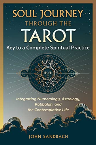 Book cover featuring tarot imagery, sun, and mountains; title reads "Soul Journey Through The Tarot.
