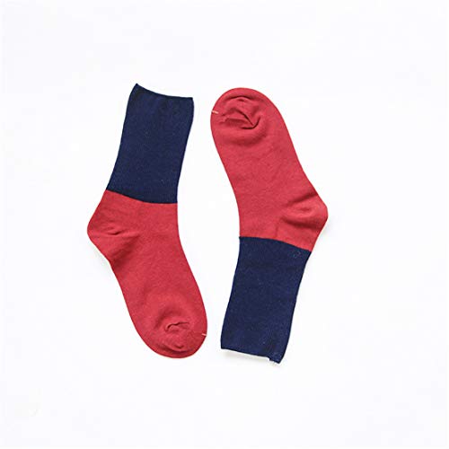 Pair of red and navy blue crew socks laid diagonally.