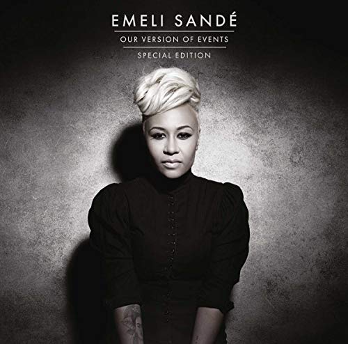 Black and white portrait of Emeli Sandé with blonde hair against a textured background.