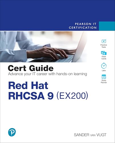 Book cover for “Red Hat RHCSA 9 Cert Guide: EX200” with laptop image.