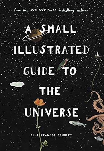 Book cover: dark background with planets, animals, and floral illustrations.