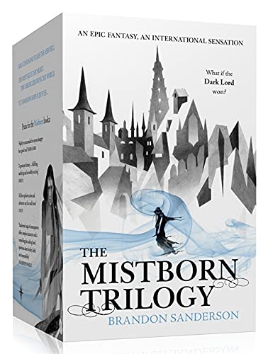 Boxed set of "Mistborn" fantasy novels with a dark, spired cityscape.