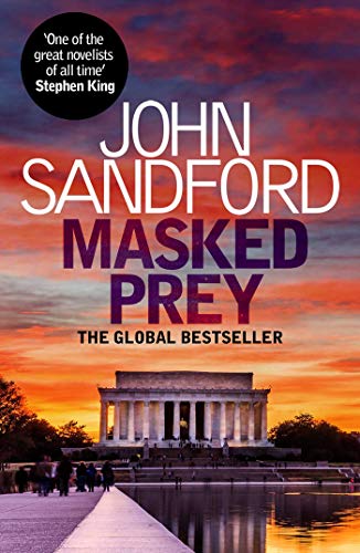 Book cover: "Masked Prey" by John Sandford, with a sunset and monument.