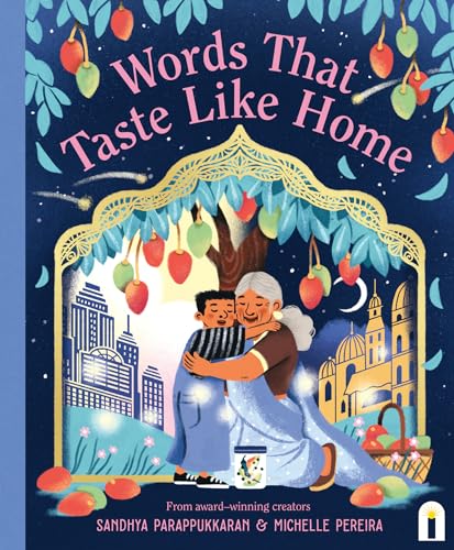 Book cover: illustrated grandmother and child embraced, mangoes, city skyline.
