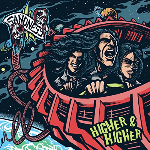Album cover for Sandness’ “Higher & Higher” featuring figures on a rollercoaster.