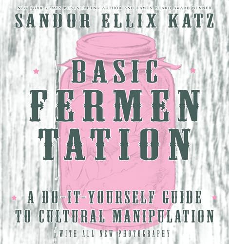 Book cover: “Basic Fermentation” with a pink mason jar illustration.