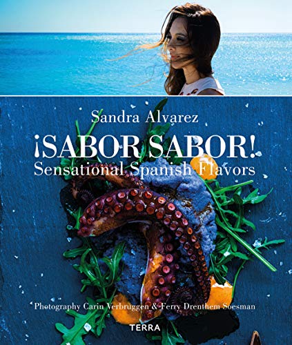 Cookbook cover with octopus, greens, and a woman looking toward the sea.