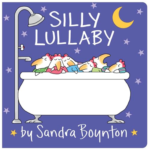 Book cover: chickens sleeping in a bathtub under a crescent moon.