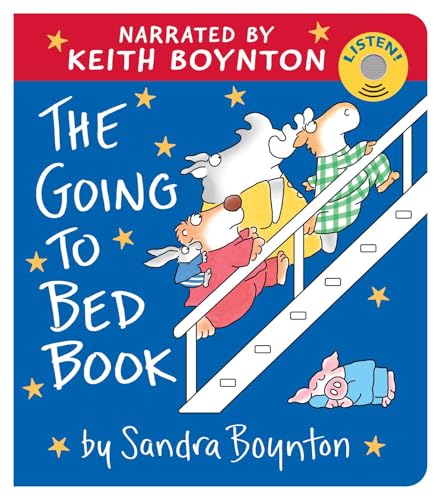 The Going to Bed Book cover featuring cartoon animals climbing stairs under yellow stars.
