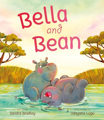 Book cover with two hippos in water under a colorful sky.