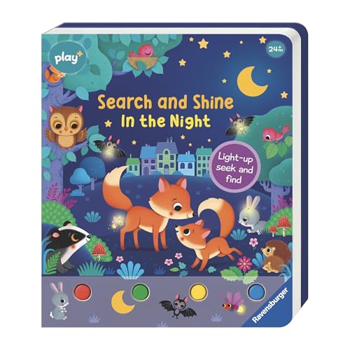 Nighttime forest scene with animals, a light-up seek and find book.