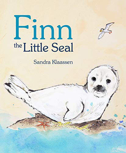 Book cover featuring a white seal pup on a rock with a flying puffin.
