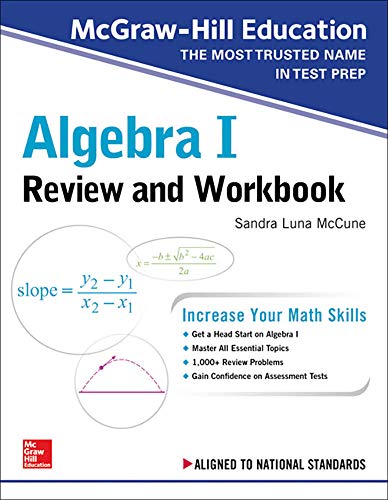 Blue Algebra I review workbook cover with equations and graph.