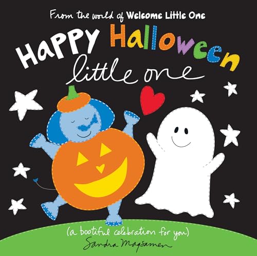Elephant in pumpkin costume and ghost with stars on dark background.