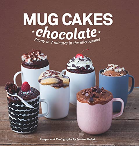 Chocolate mug cakes in colorful mugs with toppings, book cover.