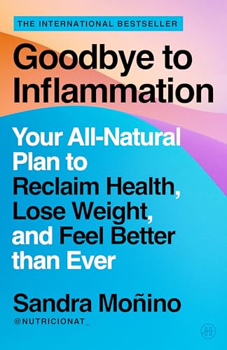 Book cover: “Goodbye to Inflammation” by Sandra Moñino, blue and pink gradient.