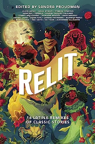 Book cover for Relit featuring diverse characters, a fox, a whale, and floral elements.