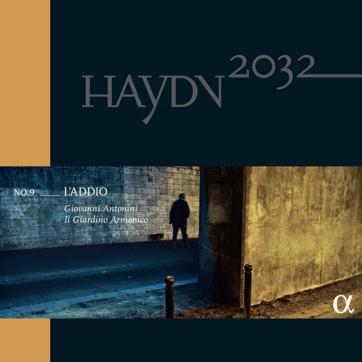Album cover showing a person walking past a stone wall with text Haydn 2032.