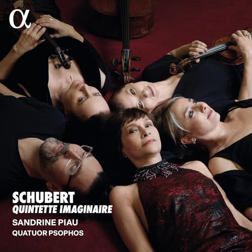 Five musicians with string instruments lying on a red background.