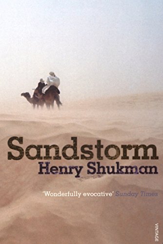 Book cover for "Sandstorm" depicting people on camels in a desert landscape.