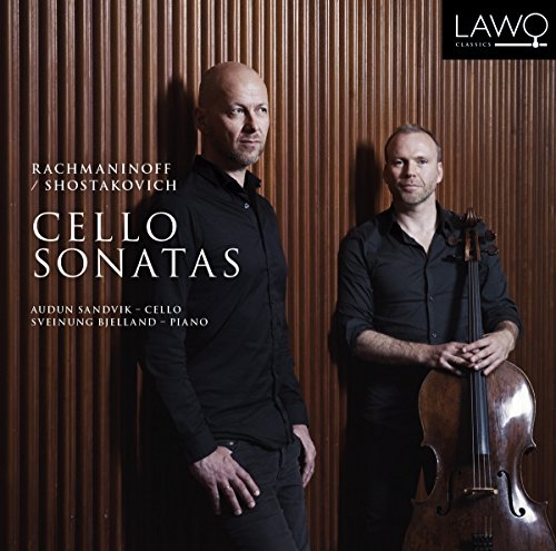Two musicians with a cello, album cover for Rachmaninoff/Shostakovich sonatas.