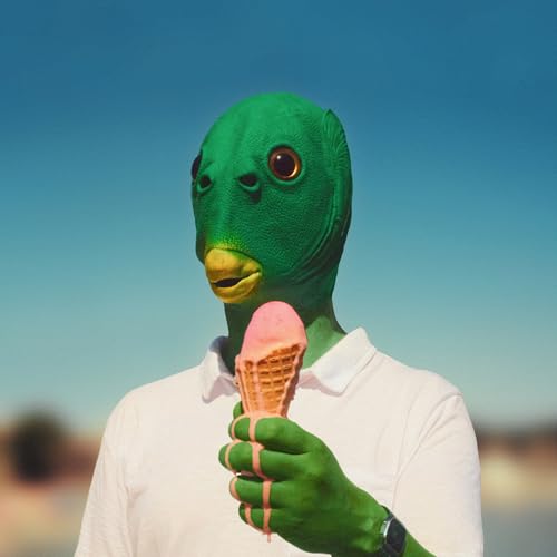 Person in a green duck mask holding a pink ice cream cone.