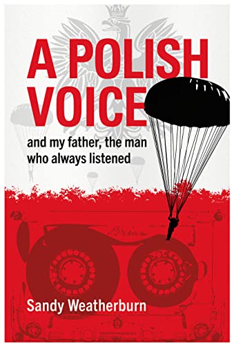 Book cover: red and white, parachute, cassette tape, title “A Polish Voice”.