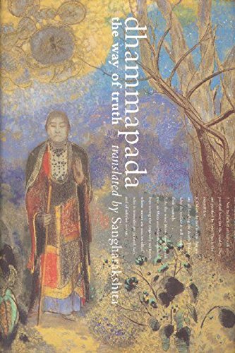Book cover: "Dhammapada" with a painting of a monk and tree.