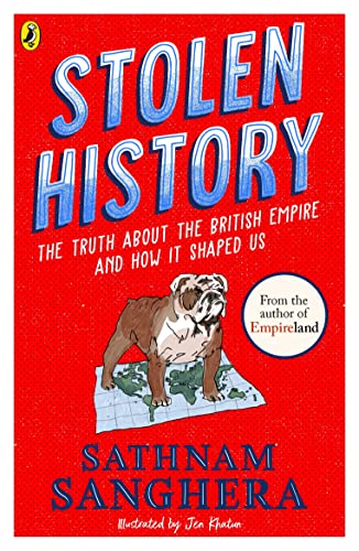 Book cover with red background, bold blue title, and a bulldog standing on a map.