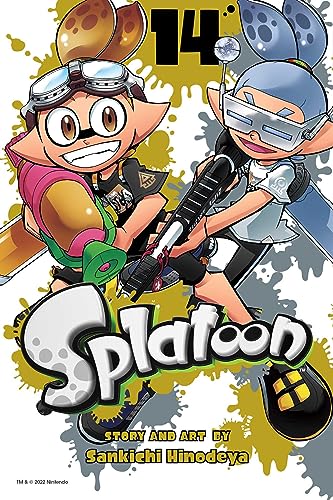 Two Splatoon characters with ink weapons stand before a yellow and grey ink-splattered background.