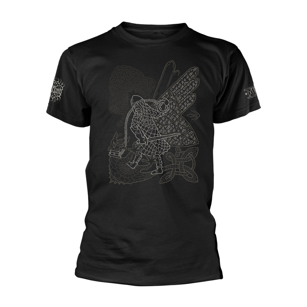 Black t-shirt with detailed graphic of a winged creature and runes.