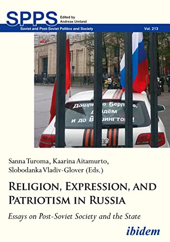 Book cover: Russian flags and a car with Cyrillic text, title "Religion, Expression, and Patriotism in Russia".