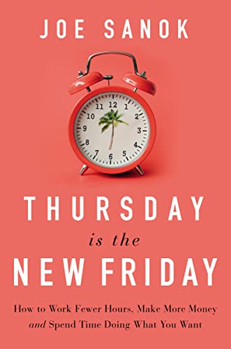 Red alarm clock with palm tree inside, book cover with bold text.