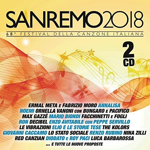 Sanremo 2018 CD cover with colorful abstract design and artist names.