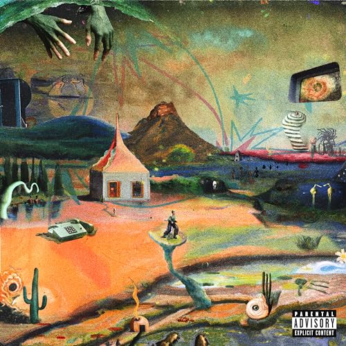 Surreal landscape with a small house, mountain, and floating hands.