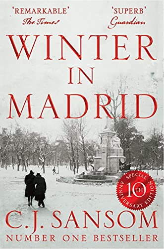 Book cover showing two people walking through a snowy park with a stone monument.