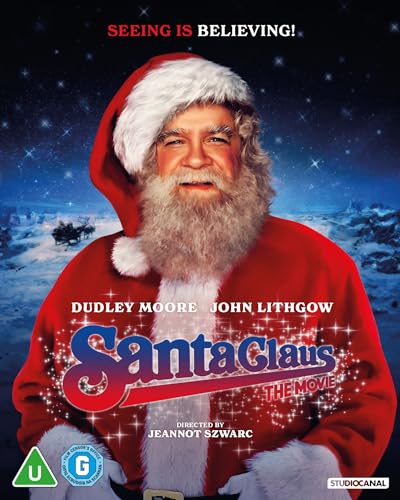 Blu-ray cover for “Santa Claus: The Movie” featuring Dudley Moore as Santa.