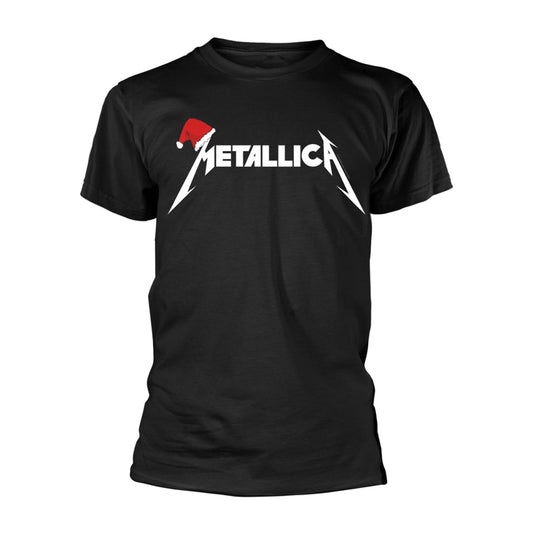 Black t-shirt with Metallica logo and a red Santa hat on top.
